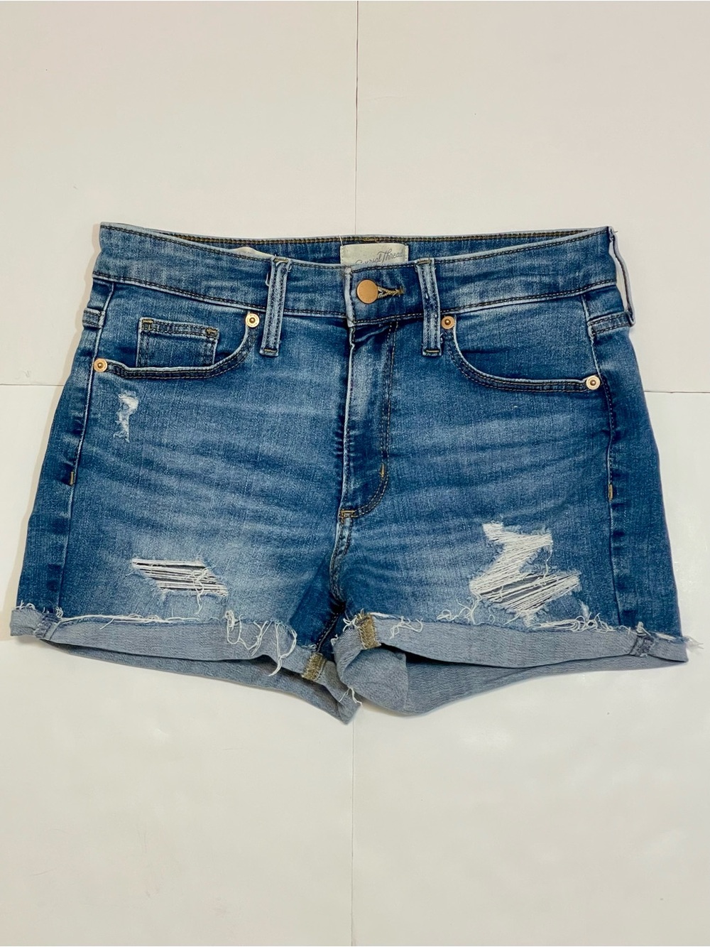 Universal Thread High Rise Midi Classic Blue Distressed Denim Jean Shorts Size 4
